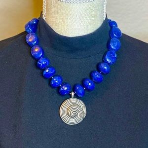 Vintage Chicos Blue Natural Stone w/Silver Toned Pendant Boho Statement Necklace